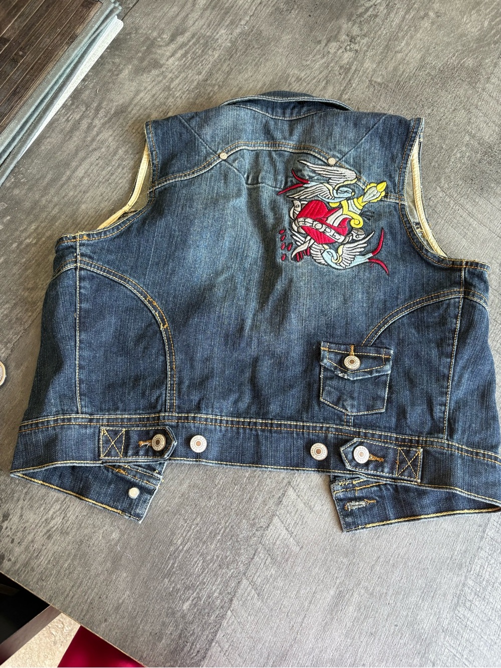 Soho Sleeveless Jean Jacket Vest, Blue, Small, Back Emblem Of Hope